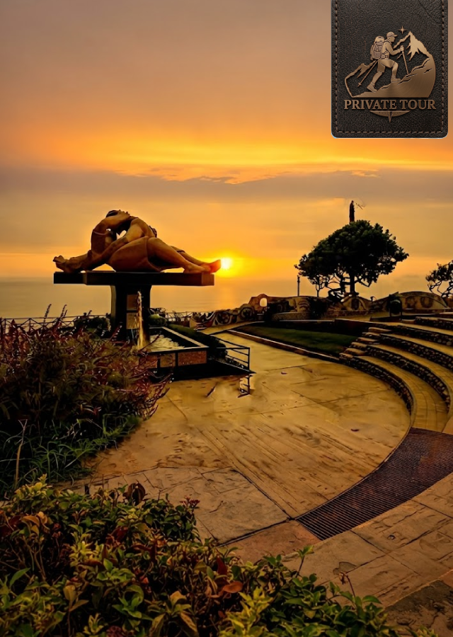 Miraflores walking tour in Lima: The Kiss sculpture at Parque del Amor at sunset